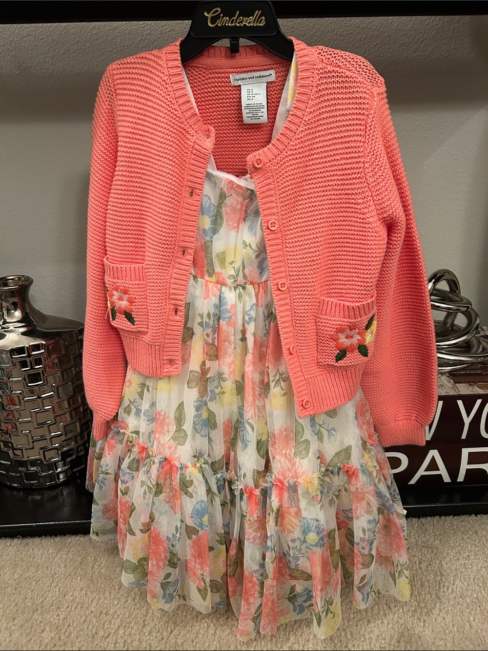 Cupcakes and Cashmere Coral Knit Cardigan with Floral Tiered Dress Size 5